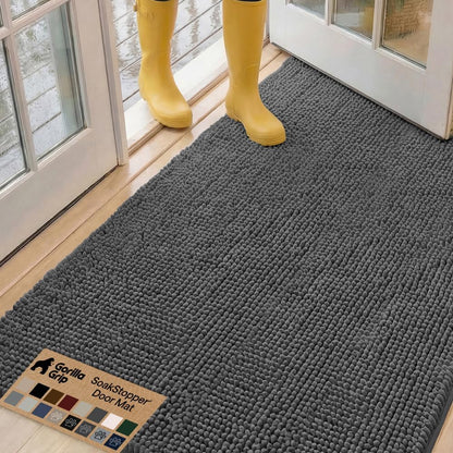 GORILLA GRIP SoakSTOPPER Dog Door Mat, 30x20 Machine Washable Rug Absorbent Doormat Captures Moisture Mud Dirt, Quick Dry Soft Chenille Entryway Rugs Indoor Entrance Mats for Dog Paws, Paw Grey