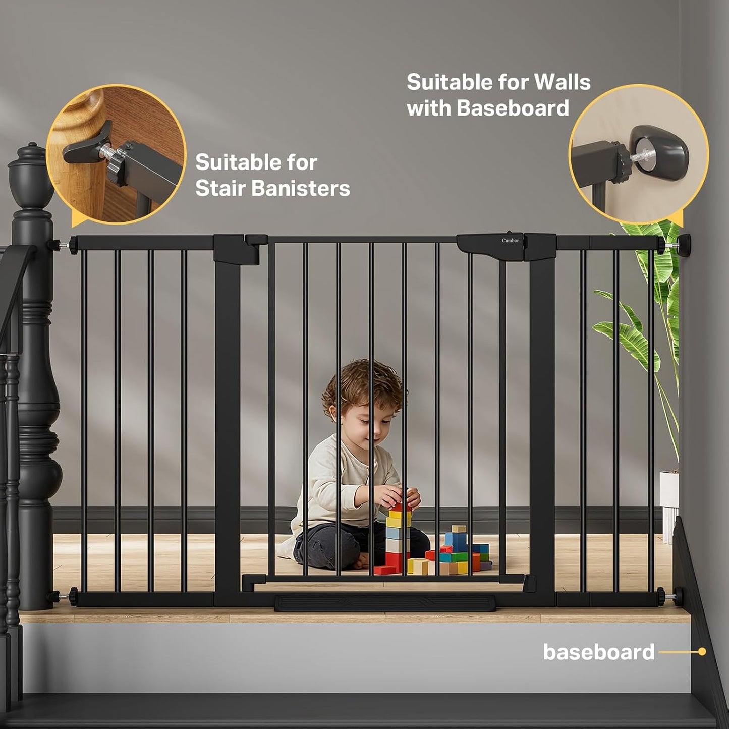 Cumbor 29.7–51.5" Extra Wide Baby Gate for Stairs, Pressure-Mounted Dog Gates for Doorways & Hallways, Auto-Close Walk-Through, No-Trip Design, Child Proof Safety, Dog/Pet Gate for Indoor Use, Black