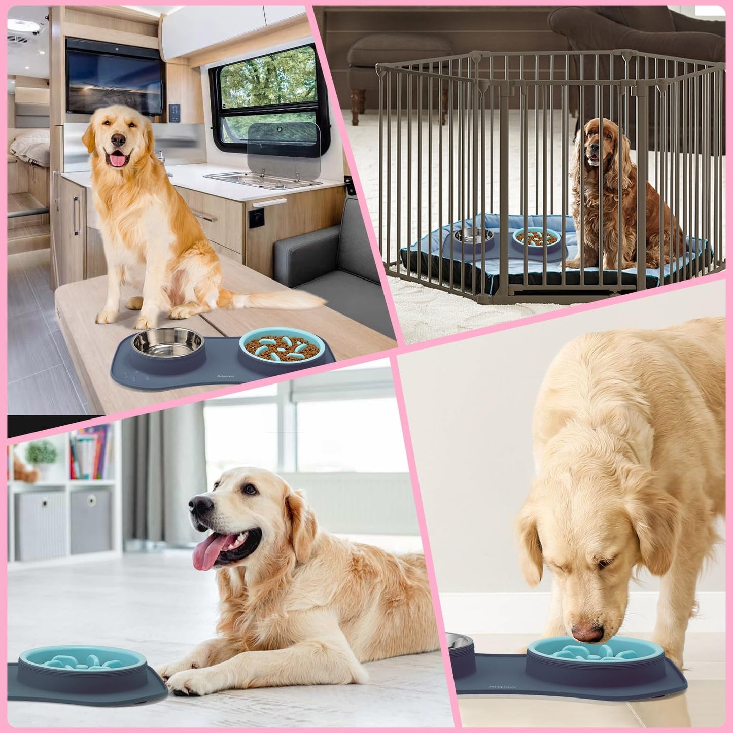 Anipaw Slow Feeder Dog Bowls 3 in 1 Stainless Steel Food and Water Bowls with Non-Spill and Skid Silicone Mat to Slow Down Eating for Large Medium Small Breed Size Dogs and Cats