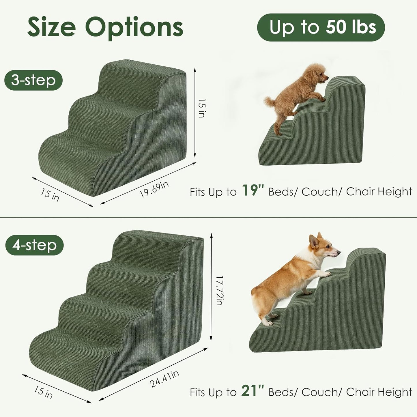 Dog Stairs for Bed 15" H, 3-Step Dog Ramp for Aged and Injured Dogs, Up to 50 Lbs Foam Pet Stairs for Small Dogs and Cats to Get on Couch or Chair, Non-Slip, Steady, Washable Cover, Green