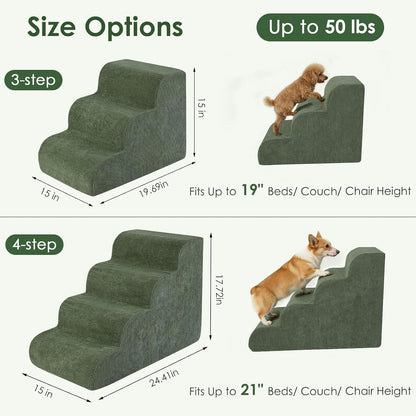 Dog Stairs for Bed 15" H, 3-Step Dog Ramp for Aged and Injured Dogs, Up to 50 Lbs Foam Pet Stairs for Small Dogs and Cats to Get on Couch or Chair, Non-Slip, Steady, Washable Cover, Green