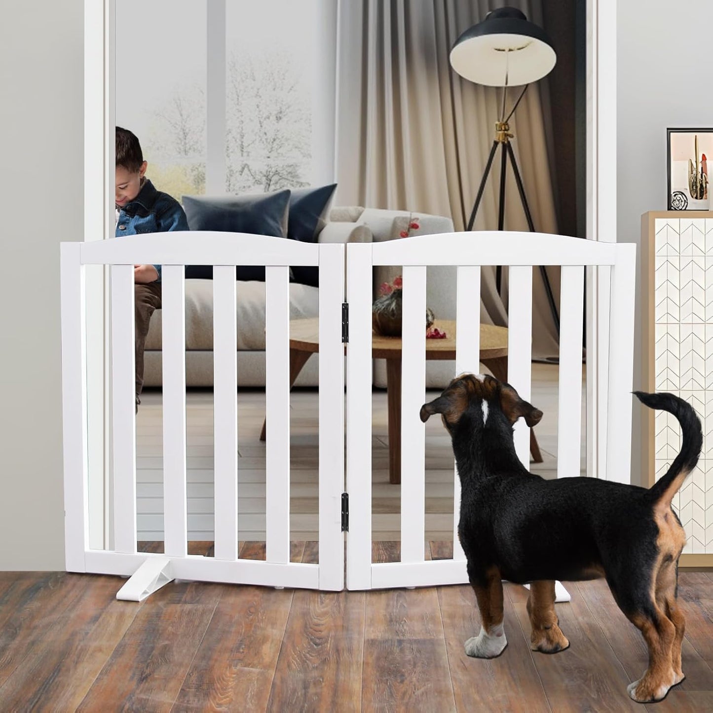 ZJSF Foldable Freestanding Indoor Dog Gate for House Wood White Long Pet Gates Dog Fence for Stairs Puppy Gates for Hallways,Pet Fence, Puppy Gate,Support Feet Included 24 "Height-3 Panels