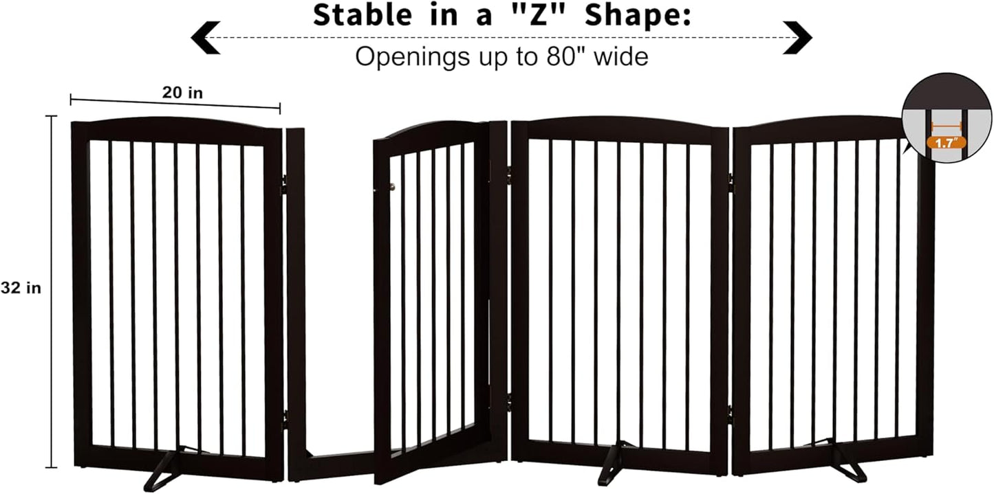 PUPETPO Freestanding Dog Gate with Door, Pet Gate for Stairs, 80 inch Wide Pet Barrier Indoor, Dog Fences Indoor, Support Feet Included, 4 Panels, 24" Tall, Dark Brown