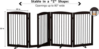 PUPETPO Freestanding Dog Gate with Door, Pet Gate for Stairs, 80 inch Wide Pet Barrier Indoor, Dog Fences Indoor, Support Feet Included, 4 Panels, 24" Tall, Dark Brown