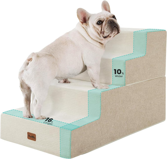 Made4Pets Dog Steps for Bed, Extra Wide Dog Stairs for High Bed Couch Sofa, 35D Foam Pet Steps for Small Dogs and Cats(Up to 40lbs), Non-Slip Bottom Pet Stairs, Tan, 4 Steps
