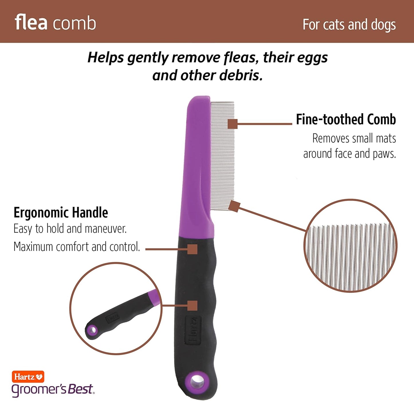 Hartz Groomer's Best Flea Comb for Dogs and Cats, Fine-Toothed Gentle Pet Comb for Detangling or Dematting Face & Paws (Pack of 1)