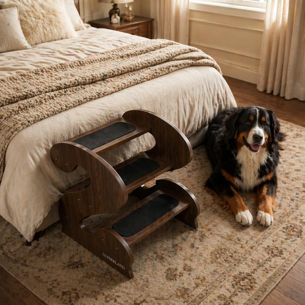Wooden Dog Stairs Steps for Bed,3Steps,Small or Senior Dogs for Pet LUNDERLAND Design,16¾"Wx23¼Dx19⅜H RedWalnutWood GrainPattern