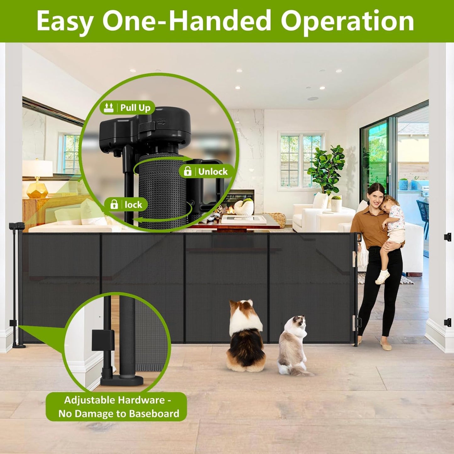 Reinforced 42" Tall Retractable Dog Gate, 155" Extra Long Retractable Baby Gate with Support Rods - Prevent Crawling Under, Indoor/Outdoor Retractable Gate Extra Tall Baby Gate Retractable Fence/Black