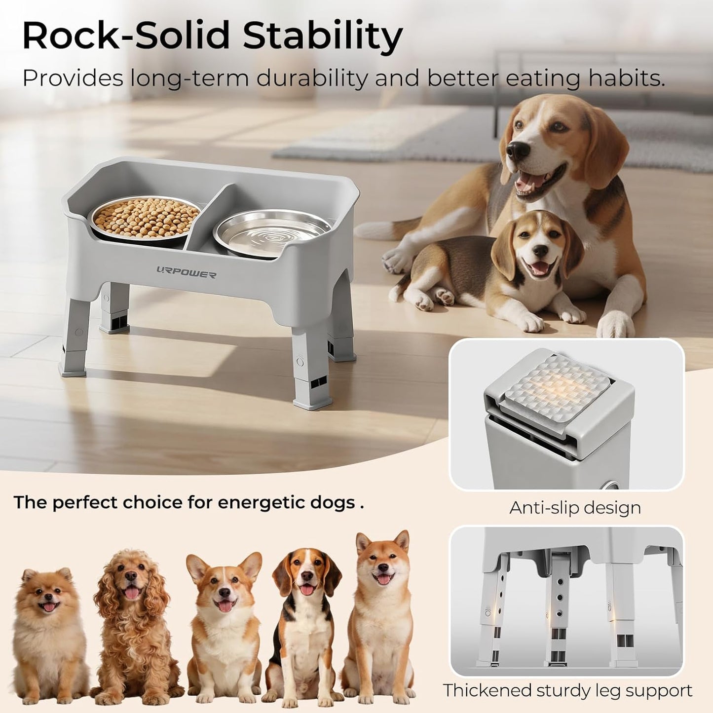 URPOWER 3-in-1 Elevated Dog Bowls - Mess Proof Double Deck 4 Height Adjustable Raised Stand with 2 Stainless Steel Food Bowls & Licking Plate for Small, Medium & Large Dogs