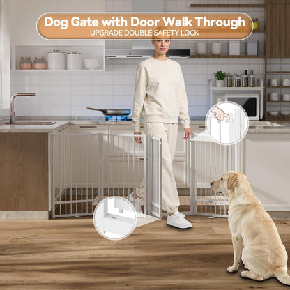 SNUOWU Full Metal Freestanding Dog Gate with Door, 32''Height Foldable Pet Dog Fence for Indoor & Outdoor, 4 Panels Extra Wide Free Standing TallDog Gates for Doorways,House,Stairs,Porch,Deck,Yard