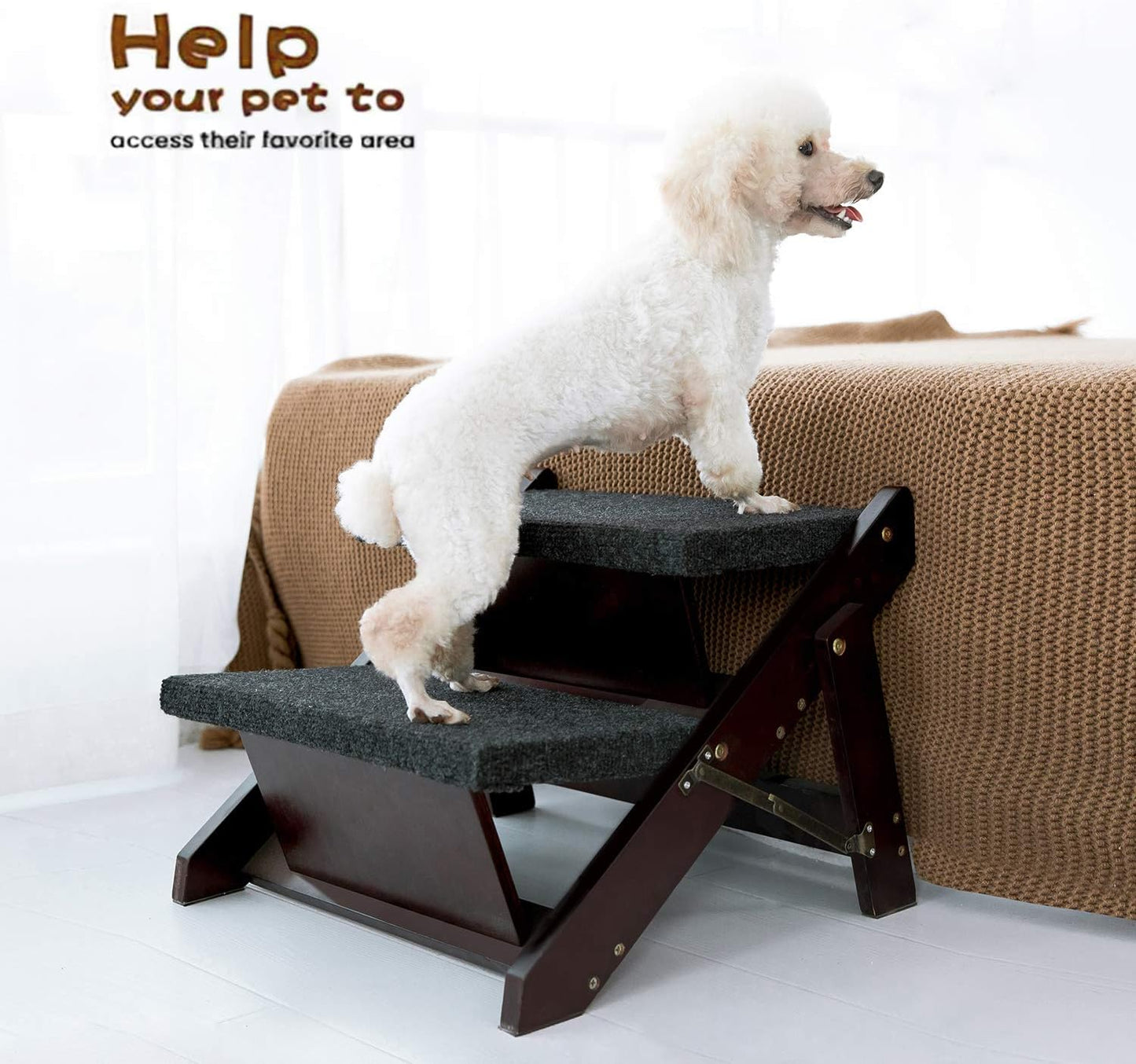 MEWANG Wooden Pet Stairs/Pet Steps - 3-in-1 Foldable Stairs & Ramp for Beds and Cars - Portable Dog/Cat Ladder Up to 220 Pounds - Great for Small and Older Animals(Brown) (24.8" L x 17.2" W x 19.5" H)