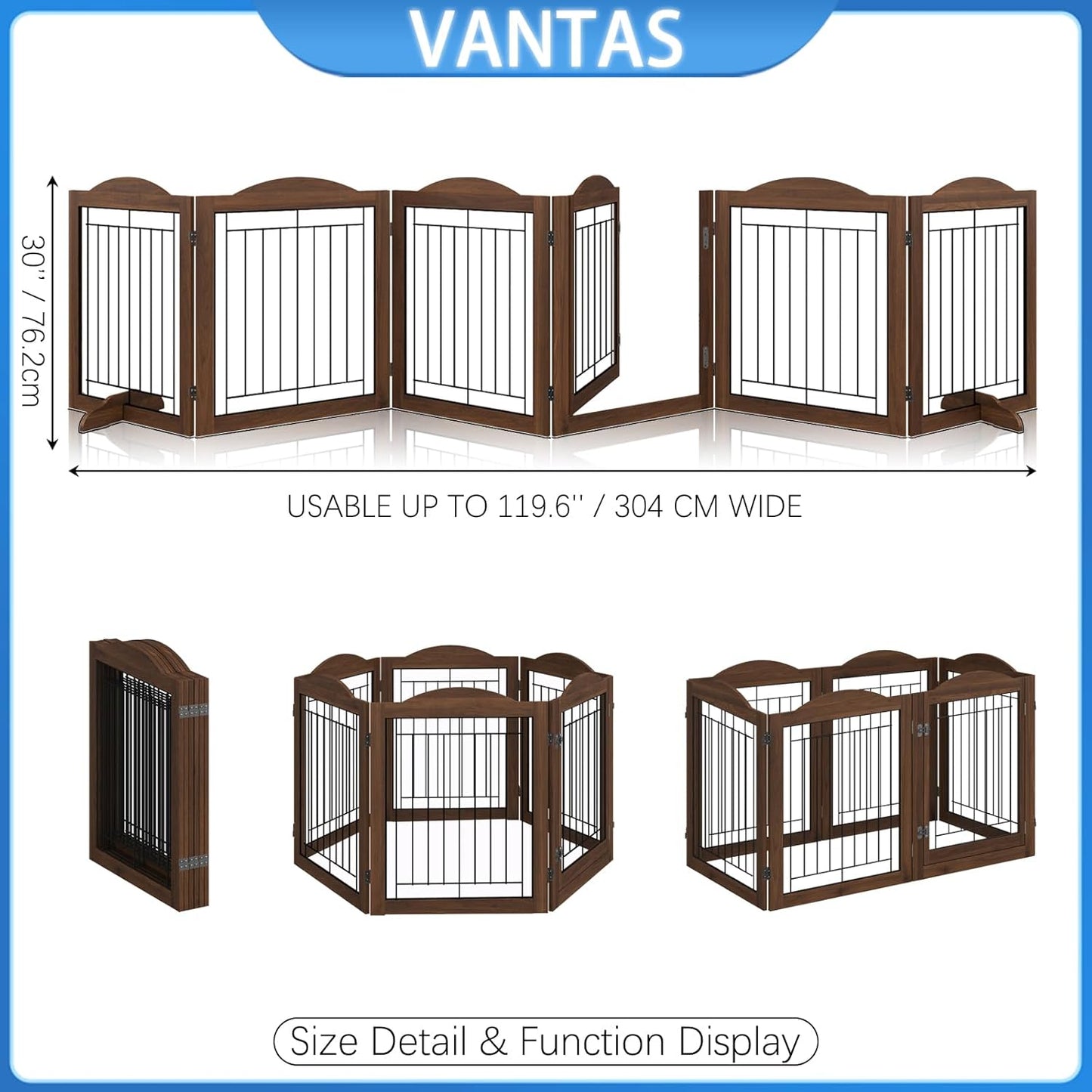 Vantas Espresso Wooden Folding Dog Gate 144" Wide x 30" Tall with Door, Freestanding Pet Gate, Pet Puppy Safety Fence