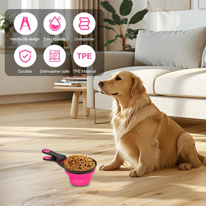 Collapsible Silicone Dog Food Scoop Foldable Pet Food Measuring Cup with Bag Clip 3 in 1 Multi-Function Silicone Dog Food Scooper (Rose Red, Medium)