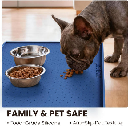 VIVAGLORY Dog Bowl Mat Grippymat Pet Food Mat, Waterproof Washable Nonslip Silicone for Pet & Cat, Food and Water Placemat with Lip & Raised Edges for Indoor Floor, S, Grey