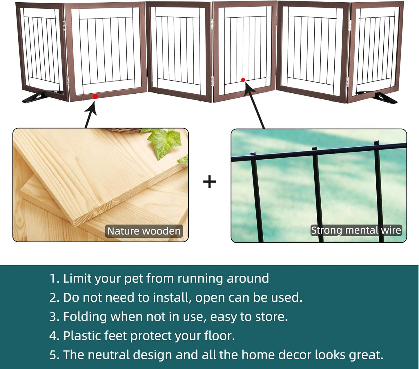 ZJSF Freestanding Dog Gate Indoor, Foldable Dog Fence for Doorways,Hallways or Stairs, Sturdy Wood Extra Wide Pet Gate with Support Feet,Black,24 "Height-3 Panels
