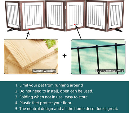 ZJSF Freestanding Dog Gate Indoor, Foldable Dog Fence for Doorways,Hallways or Stairs, Sturdy Wood Extra Wide Pet Gate with Support Feet,Black,24 "Height-3 Panels