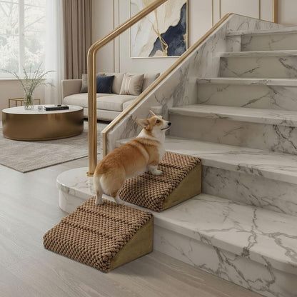 Dog Ramp for Stairs - Dog Steps-Anti-Slip Foam Stair Wedges for Small & Senior Dogs,Gentle Slope Pet Steps with Washable Corduroy Cover, Self-Sticky Pads for Safe Climbing (Gray,2-Pack)