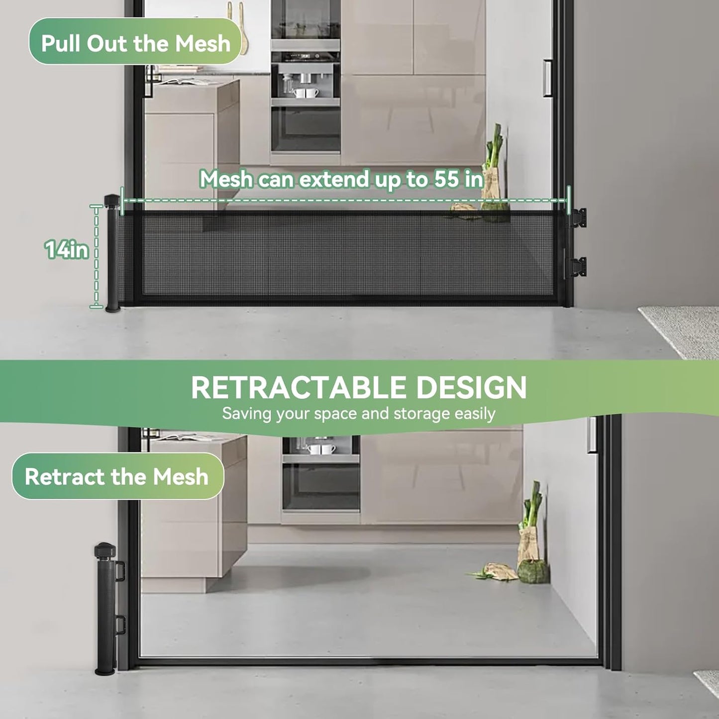 Short Dog Gate, 14" H Retractable Dog Gates, Mesh Retractable Step Over Pet Gates Puppy Gate, Extended up to 55" Wide for Stairs & Doorways Hallways - Drilling Required (Grey)