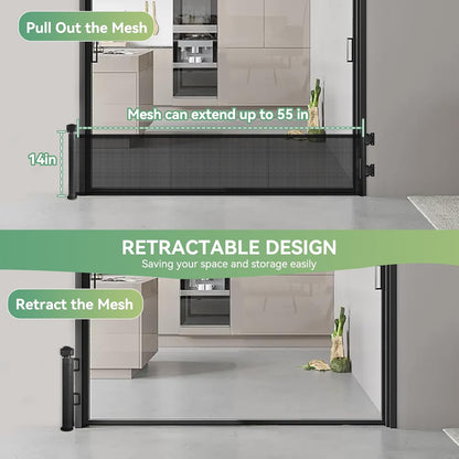 Short Dog Gate, 14" H Retractable Dog Gates, Mesh Retractable Step Over Pet Gates Puppy Gate, Extended up to 55" Wide for Stairs & Doorways Hallways - Drilling Required (Grey)