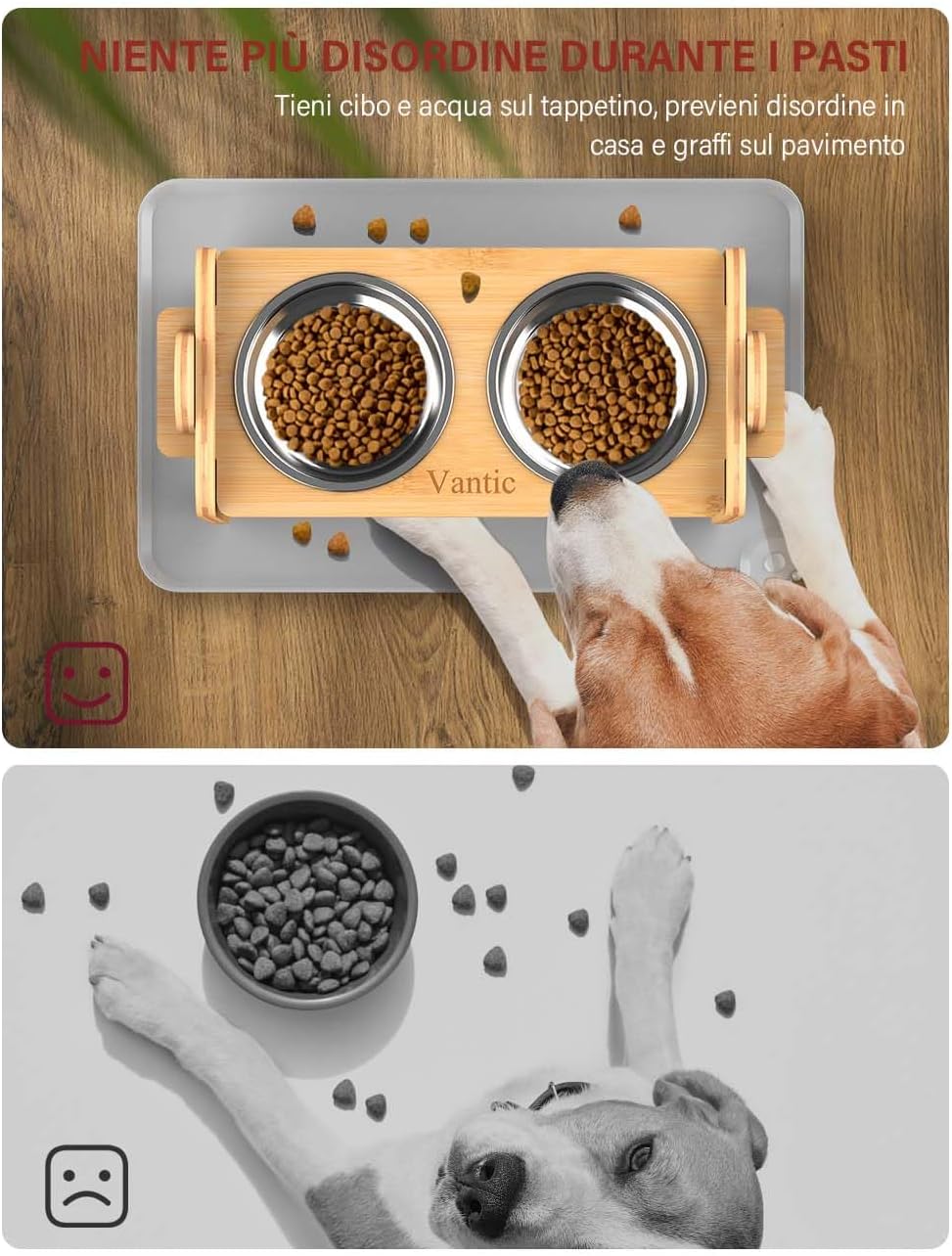 Vantic Elevated Dog Bowls, Adjustable Raised Dog Bowl Stand for Small Puppy and Cats, Sturdy Bamboo Pet Food Feeder with 2 Stainless Steel Dishes, Natural