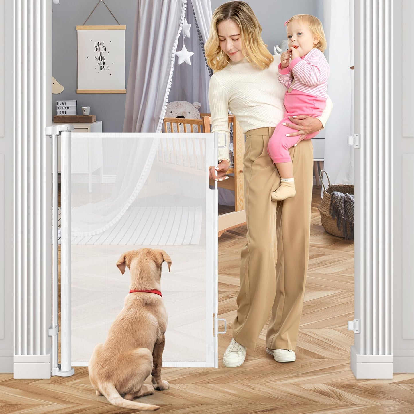 42 Inch Extra Tall Dog Gate Indoor 55” Wide Puppy Gates for The House Prevent Kids/Pets from Jumping Over Retractable Extra Tall Baby Gates for Doorways Retractable Outdoor Pet Gate for Stairs, Black