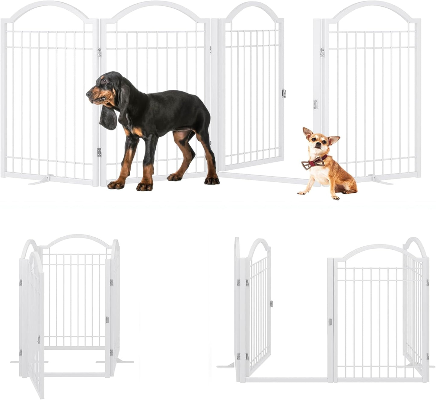 BHG Metal No-Assembly Freestanding Dog Gate with Door Walk Through, Extra Wide 144", Extra Tall 32" Pet Gate, Accordion Puppy Folding Playpen Dog Fence, with 2PCS Support (Black, 6 panesl)
