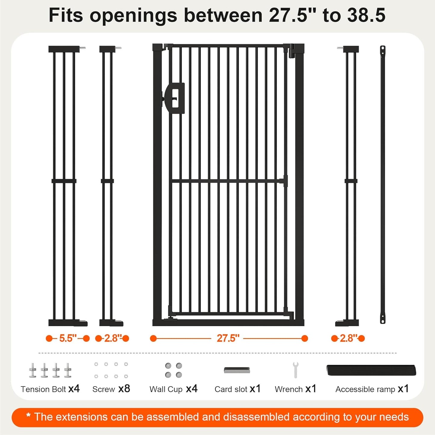 Jekriuet 57" Extra Tall Pet Gate, Auto Close Dog Door Pressure Mounted No Drilling for Doorways, Hallways, Stairs, Expandable 27.5"-38.5" Wide, Narrow 1.18" Spacing for Small Dogs & Puppies, Black