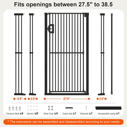 Jekriuet 57" Extra Tall Pet Gate, Auto Close Dog Door Pressure Mounted No Drilling for Doorways, Hallways, Stairs, Expandable 27.5"-38.5" Wide, Narrow 1.18" Spacing for Small Dogs & Puppies, Black