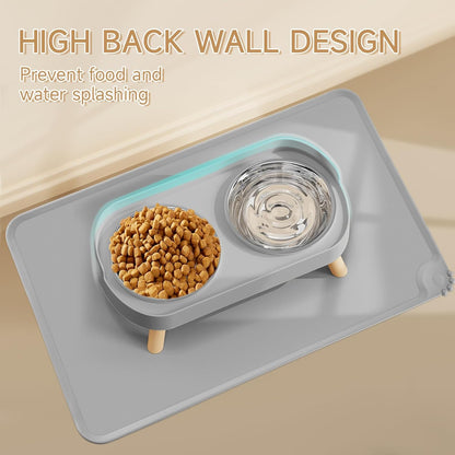 Elevated Cat Bowl, Raised Cat Food and Water Bowl Set for Indoor Cats, Splash Proof with 2 Stainless Steel Pet Food Bowls for Cats and Puppies, Whisker Fatigue and Dishwasher Safe - White