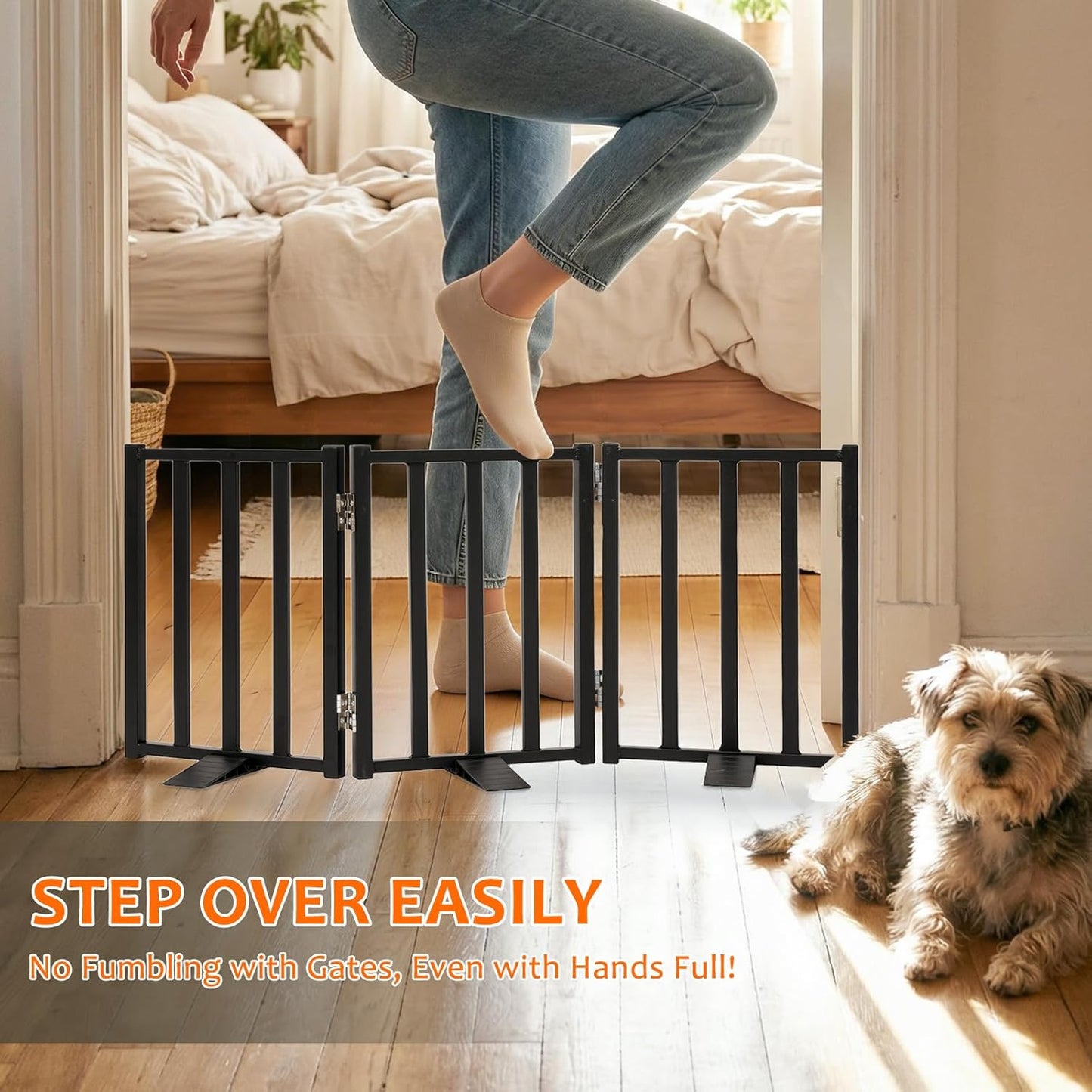 Snagle Paw Short Dog Gate,16.5" Tall Freestanding Metal Dog Gate Only for Small Dogs with Support Feet Easily Step Over,Up to 48" Wide Puppy Gate Indoor for Stairs,Doorways(Black,4 Panel)