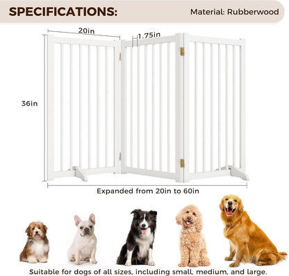36" H Freestanding Dog Gate, Solid Wood Foldable Pet Gate with Support Feet, Wooden Tall Dog Gate for Doorway, Stairs & Indoor Use, 60" Wide Expandable Pet Fence, 3 Panels, Walnut