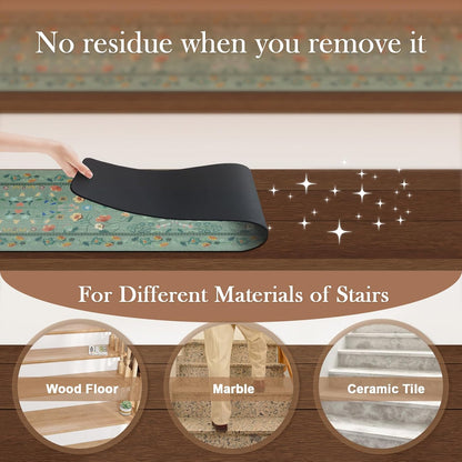 OJIA Floral Stair Treads Non-Slip Carpet Stair Treads for Wooden Steps Indoor 15PCS 30"x8" Stair Runner Stair Mats Staircase Step Treads for Kids, Elders and Dogs, Stair Covers, Black