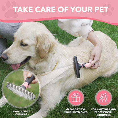 DOGI Deshedding Brush Comb - Undercoat Rake for Dogs, Cats, Short, Long Hair Coats - Double Row Stainless Steel Pins - Reduce Shedding by 90% (Green)