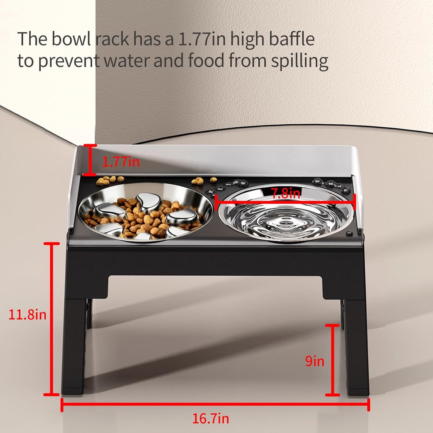 PAKEWAY Elevated Dog Bowls, Spill Proof, Tiltable Dog Feeder with 2 Stainless Steel Bowls, 6 Height Adjustable Raised Bowl