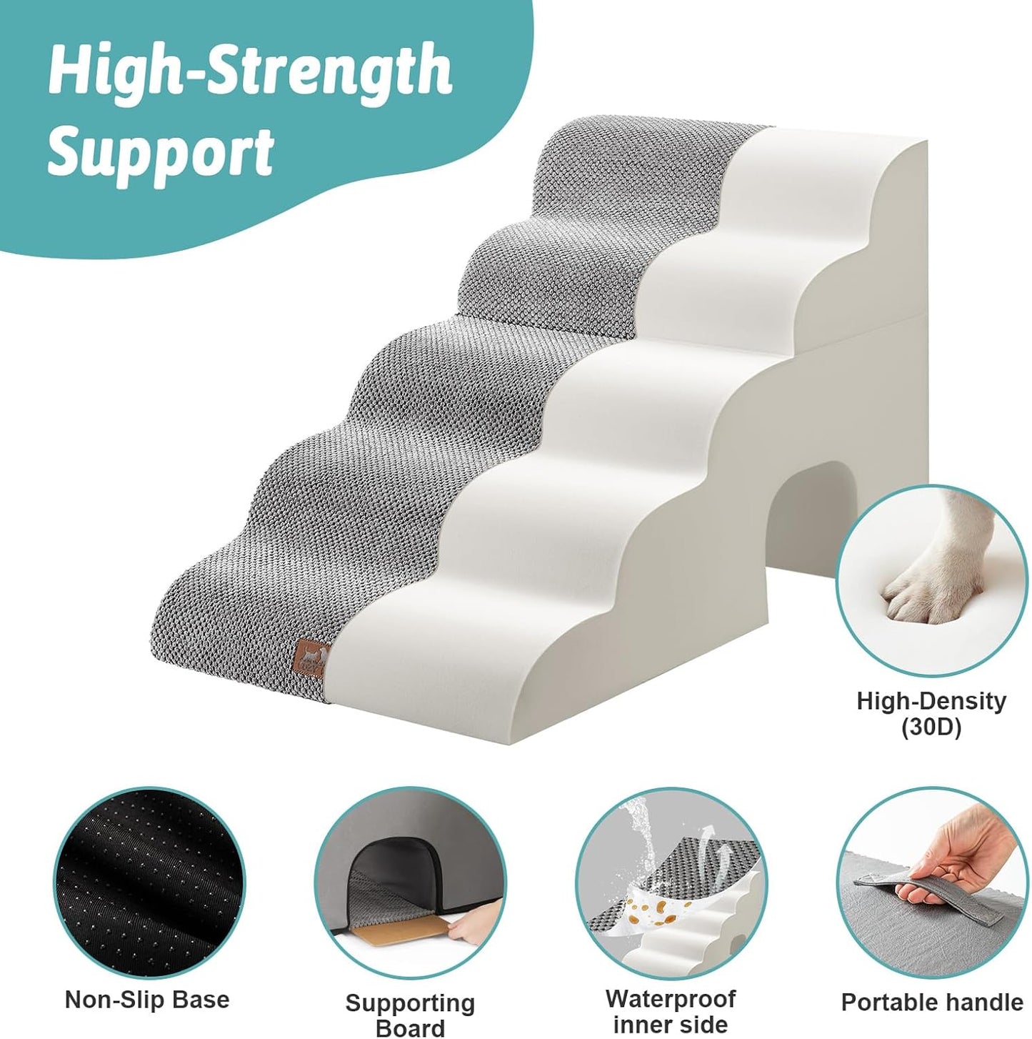 COZY KISS Extra Wide Dog Stairs with Tunnel, Foam Detachable Large Dog Step for Small Pet, Puppy or Cats, Medium Pet Ramp for High Bed, Couch, Sofa or Car, 19.7x33x22.4 inch, 5 Step, Beige