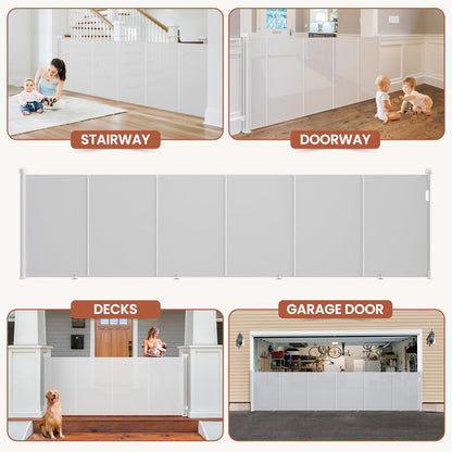 Upgrade Retractable Baby Gates Extra Wide (150" W x 42" H), 150 inch Reinforced Retractable Dog Gate to Prevent Crawling Through, Retractable Gate Outdoor/Indoor, Real One-Handed Operation, Black