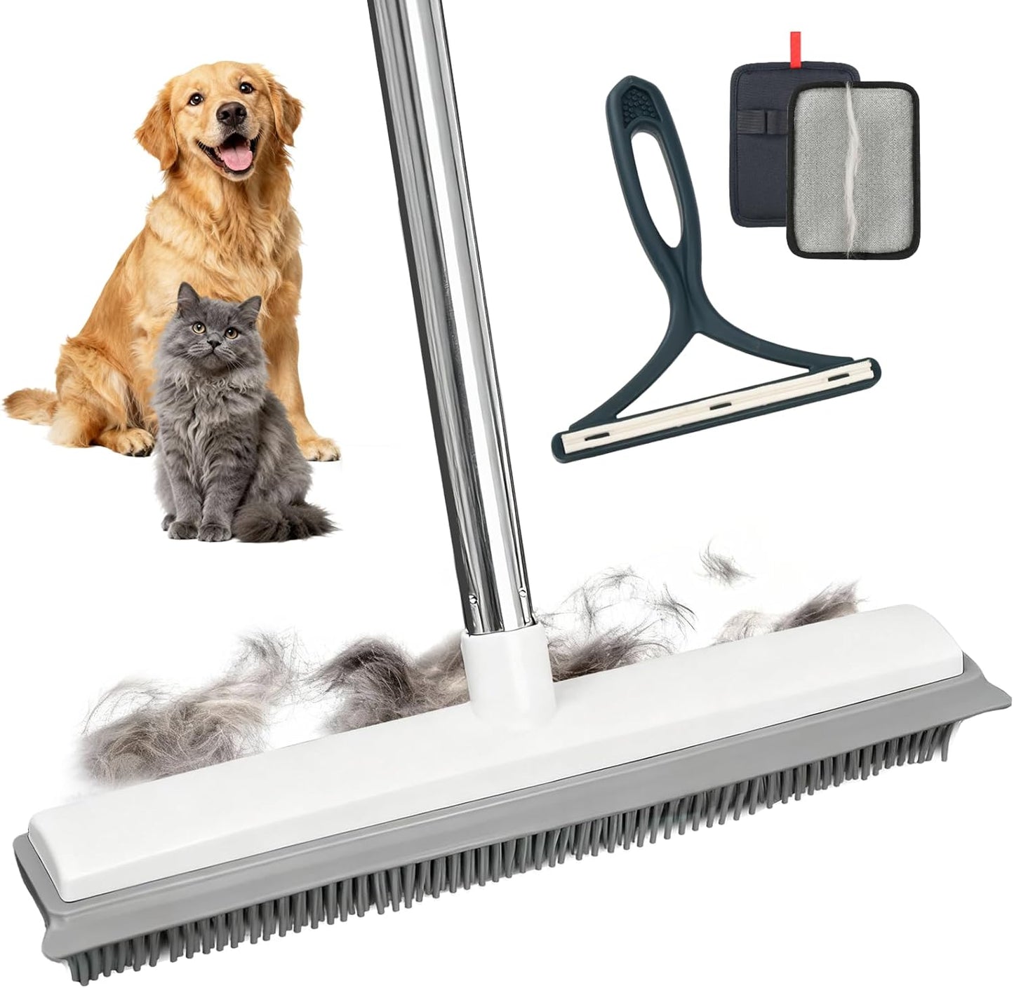 Carpet Rake for Pet Hair Removal, 4-Piece Pet Hair Remover Tool Kit with Adjustable Rubber Broom, Glove & Scraper for Dog Cat Hair, Rugs, Couch, Car