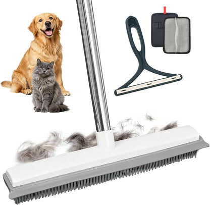 Carpet Rake for Pet Hair Removal, 4-Piece Pet Hair Remover Tool Kit with Adjustable Rubber Broom, Glove & Scraper for Dog Cat Hair, Rugs, Couch, Car