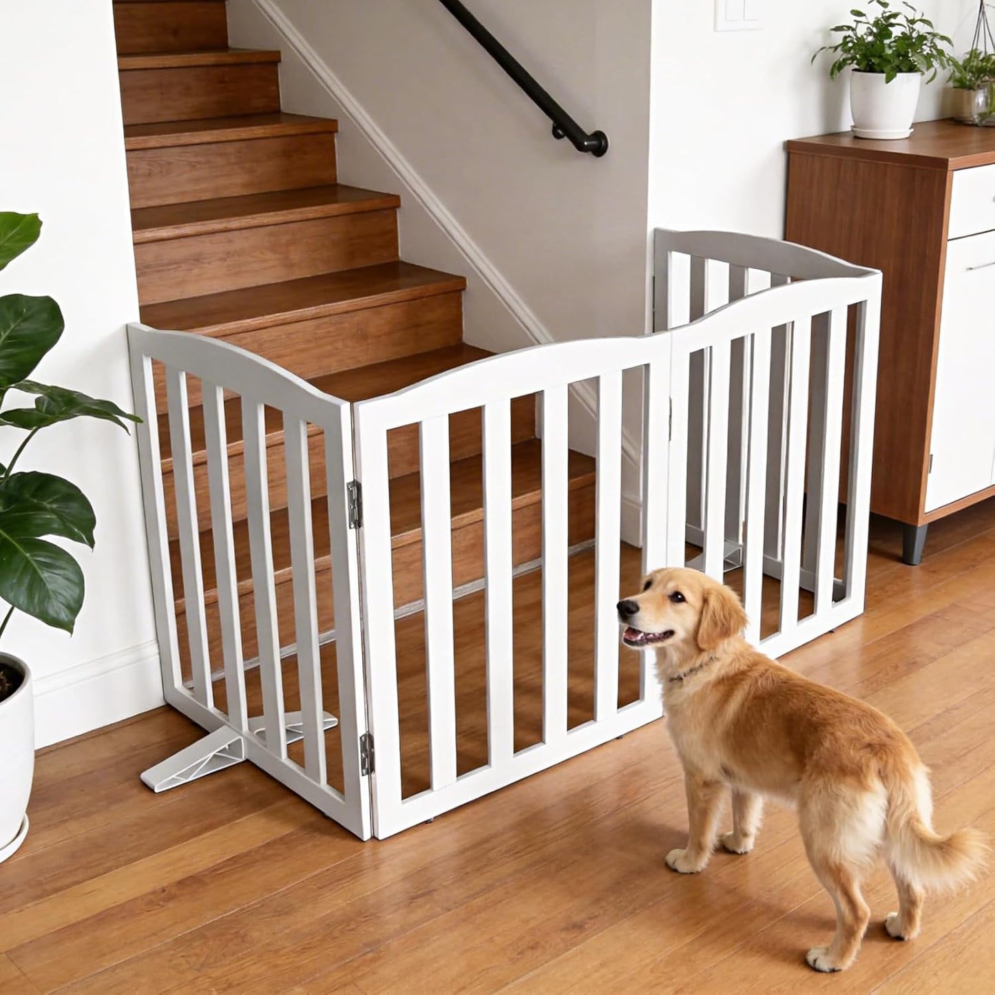 ZJSF Foldable Freestanding Indoor Dog Gate for House Wood White Long Pet Gates Dog Fence for Stairs Puppy Gates for Hallways,Pet Fence, Puppy Gate,Support Feet Included 24 "Height-3 Panels