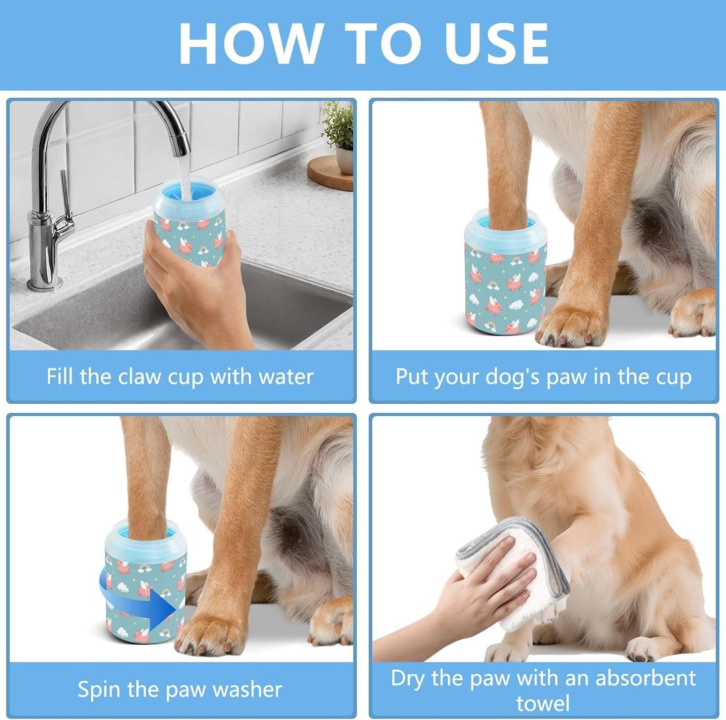 Pigs Clouds Blue Print Dog Paw Cleaner Cup with Soft Silicone Brush, Lightweight Portable Small Muddy Paw Washer for Dogs, Easy to Use Pet Foot Cleaner