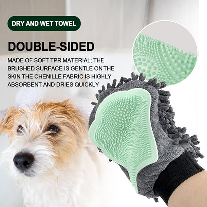 Green Double-Sided Dog Bath Glove Dog Washing Glove Massage Dog Brush Glove for Dogs and Cats Chenille Absorbent Pet Towel Mitt Pet Grooming Glove for Hair Removal Glove