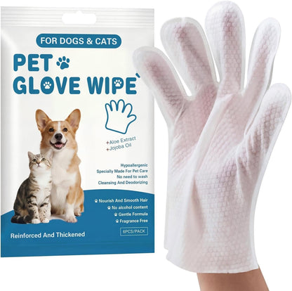 Pet Glove Wipes, No Rinse Deodorizing Mittens for Sphynx, Devon Rex, Cats & Dogs, Thickened Hypoallergenic with Aloe Vera, Unscented Full Body Grooming, Daily Care & Travel, 12 Count