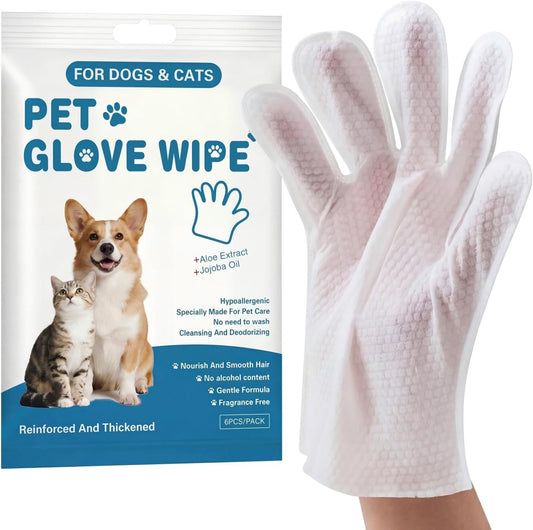 Pet Glove Wipes, No Rinse Deodorizing Mittens for Sphynx, Devon Rex, Cats & Dogs, Thickened Hypoallergenic with Aloe Vera, Unscented Full Body Grooming, Daily Care & Travel, 12 Count