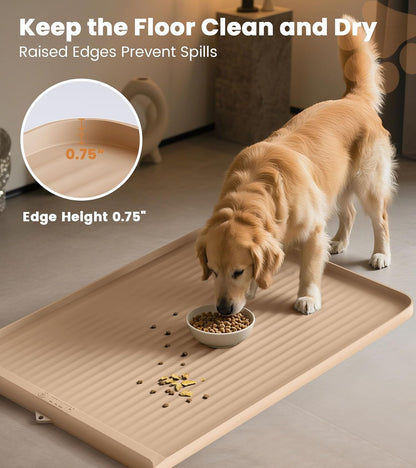 Dog Food Mat 36"x24", Waterproof Pet Feeding Mat with Diversion Grooves and Raised Edges, Large Non-Slip Dog Bowl Mat for Food and Water, Cat Food Mat for Floors, Easy to Clean, Grey