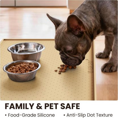 VIVAGLORY Dog Bowl Mat Grippymat Pet Food Mat, Waterproof Washable Nonslip Silicone for Pet & Cat, Food and Water Placemat with Lip & Raised Edges for Indoor Floor, S, Grey