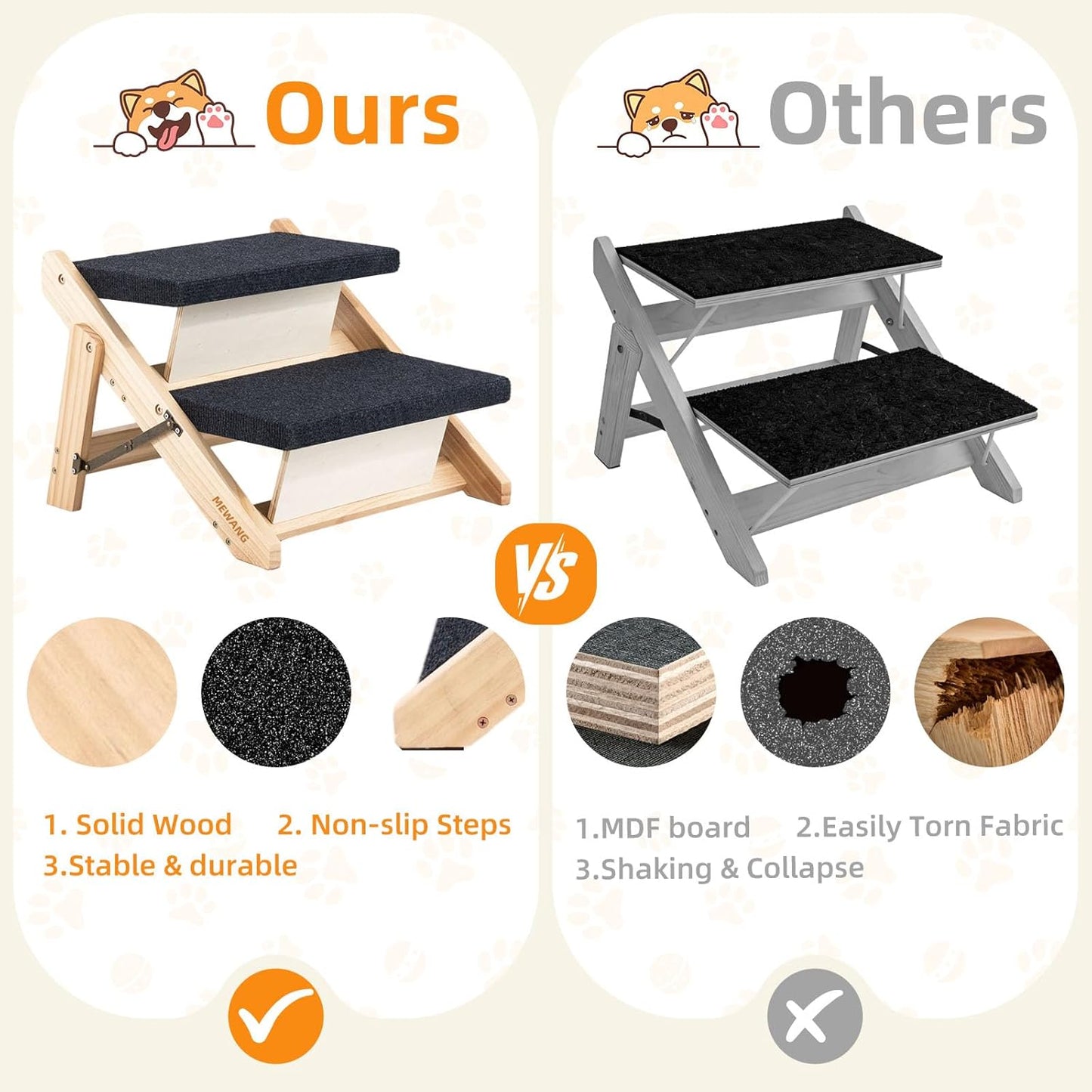 MEWANG Wood Pet Stairs & Ramp for Small/Medium Dogs and Cats, Aging Pets – 2-in-1 Foldable, Portable, Non-Slip Pet Ladder for Tall Beds, Couches,Cars–Holds Up to 220 lbs (17.3" L x 17.2" W x 13.0" H)