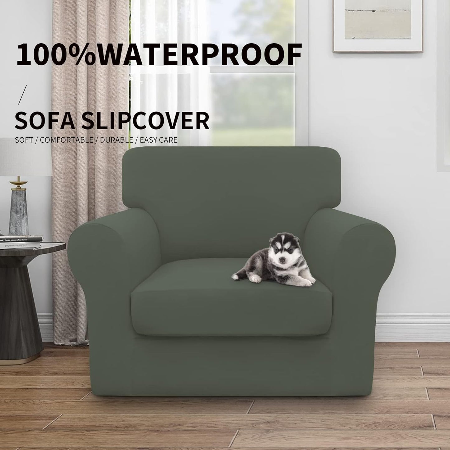 Easy-Going 100% Dual Waterproof 4 Pieces Stretch Soft Couch Cover for Dogs, Sofa Slipcover for 3 Separate Cushion Couch Leakproof Furniture Protector for Kids, Pets Dark Gray