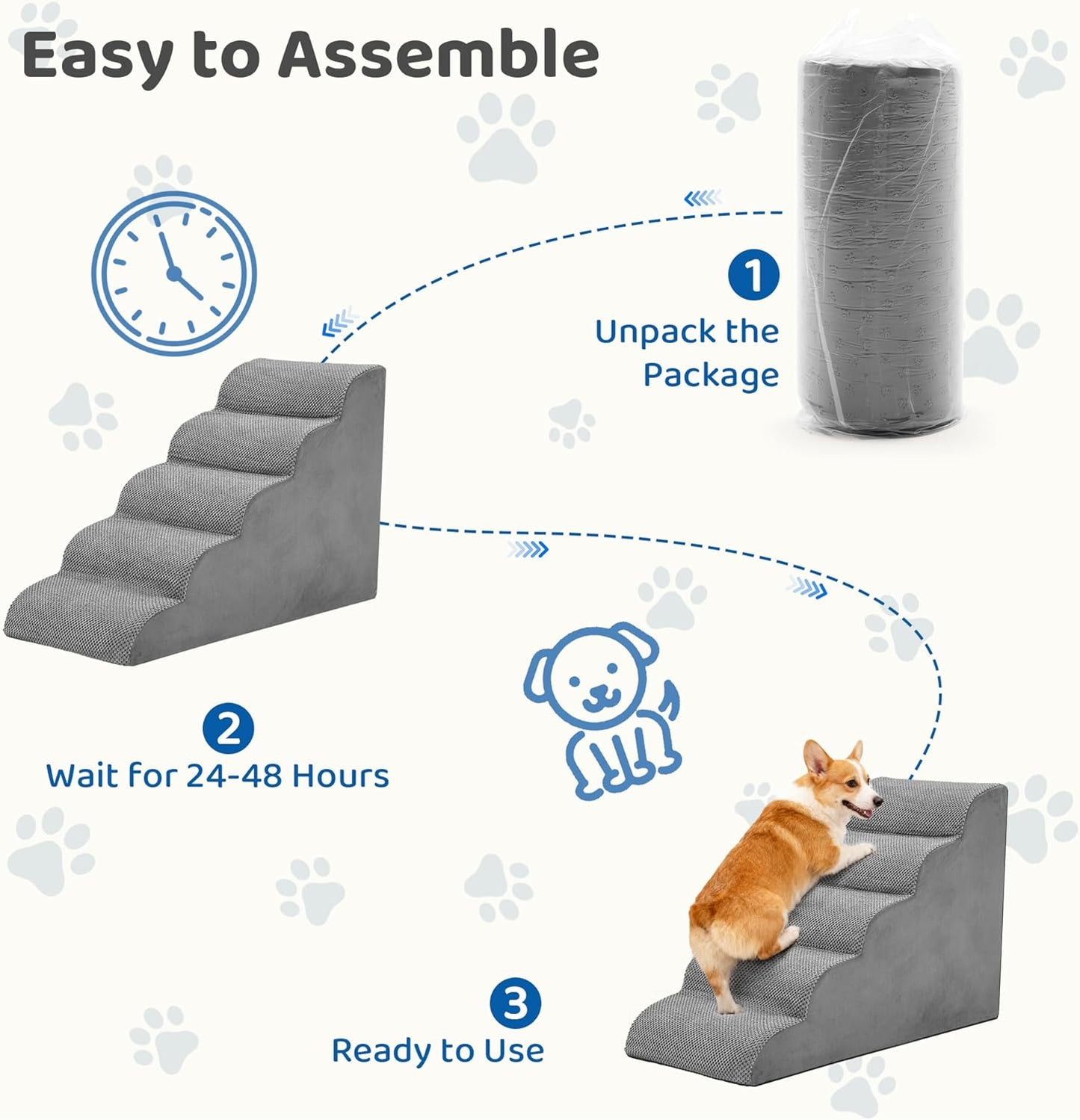 DUMOS Dog Stairs for Small and Medium Dogs, 3-Step Pet Steps with High-Density Foam, Indoor Non-Slip Pet Ramp for Puppy and Older Dogs Cats, Dog Bed Stairs for Couch and Sofa, Grey