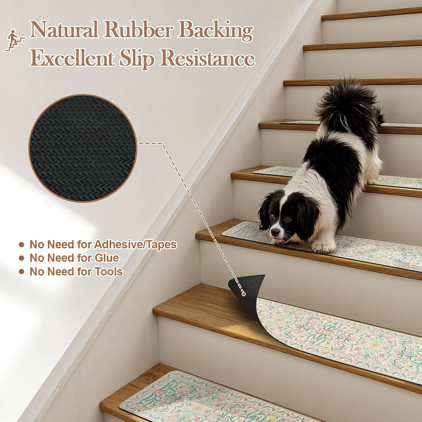 OJIA Floral Stair Treads Non-Slip Stair Runner for Wooden Steps Indoor 15PCS 30"x8" Carpet Stair Treads Stair Mats Staircase Step Treads for Kids, Elders and Dogs, Stair Covers, Black