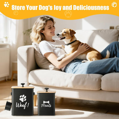Dog Treat Container Set of 2, Dog Food Storage Containers with Airtight Lids, Metal dog treat jars for Kitchen Countertop, Pet Cookie Canister to Keep Treats Fresh, 9.4''×7.1''×9.6", Black